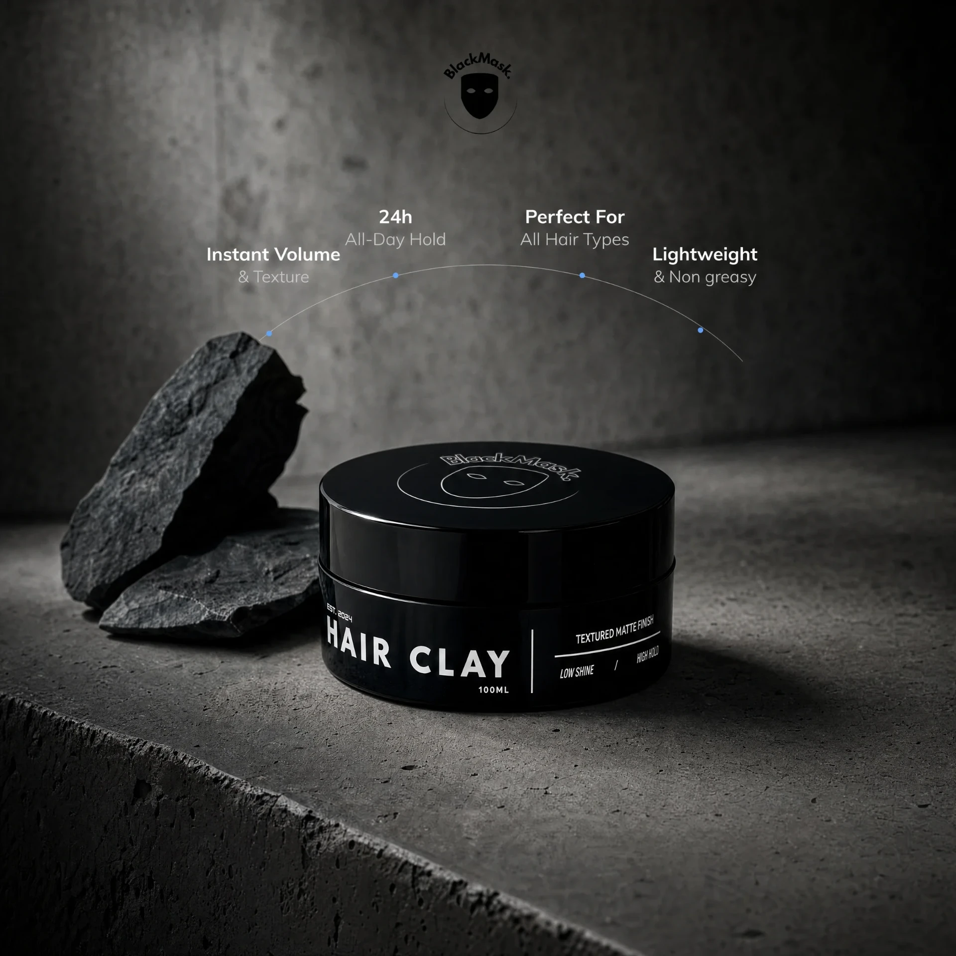 BlackMask Hair Clay jar with 24h hold, volume and matte finish highlights