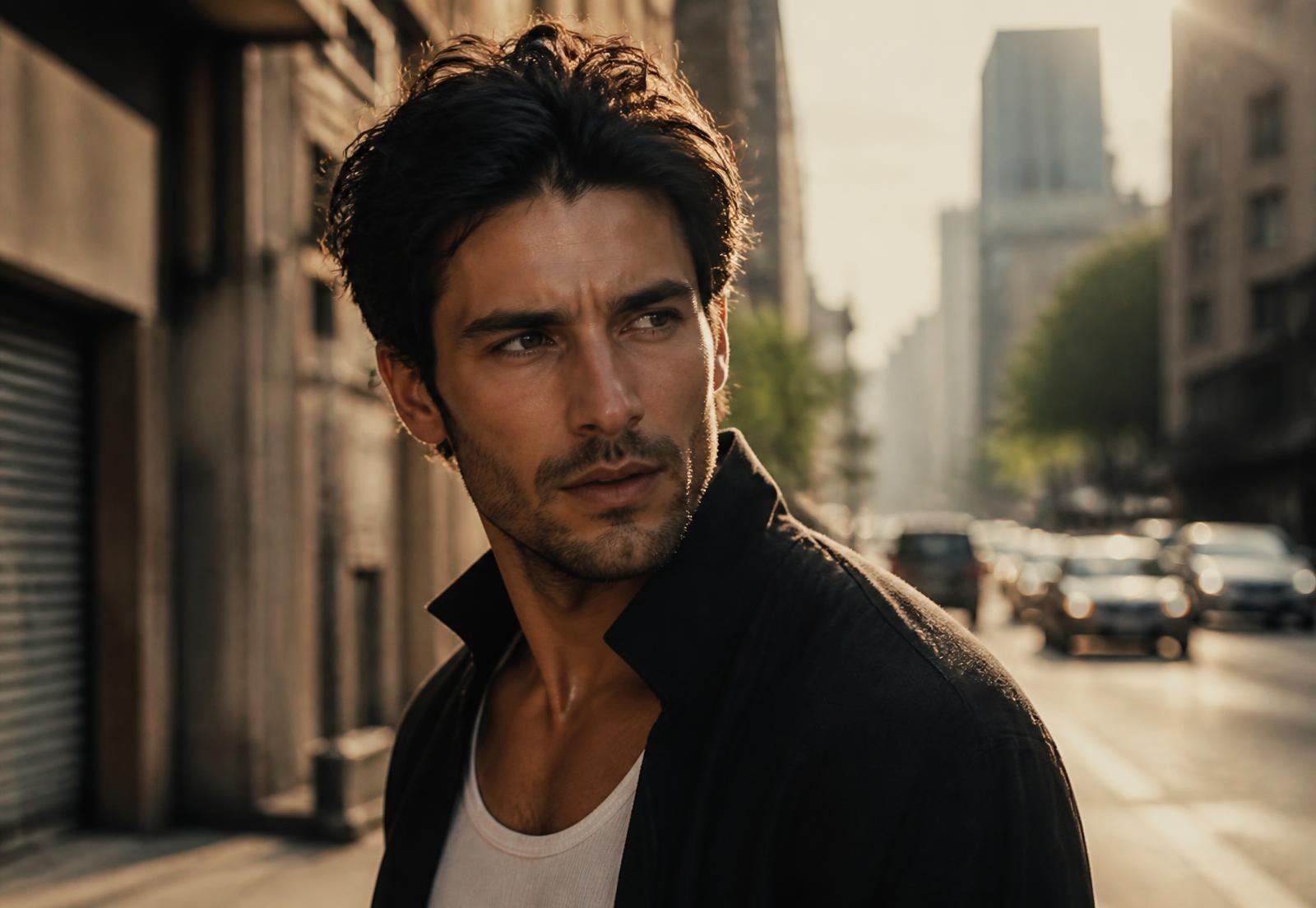 Man with textured styled hair outdoors in late afternoon heat